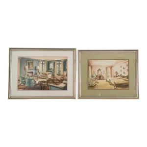 Framed 1940s Domestic Interior Watercolor Renderings - A Pair