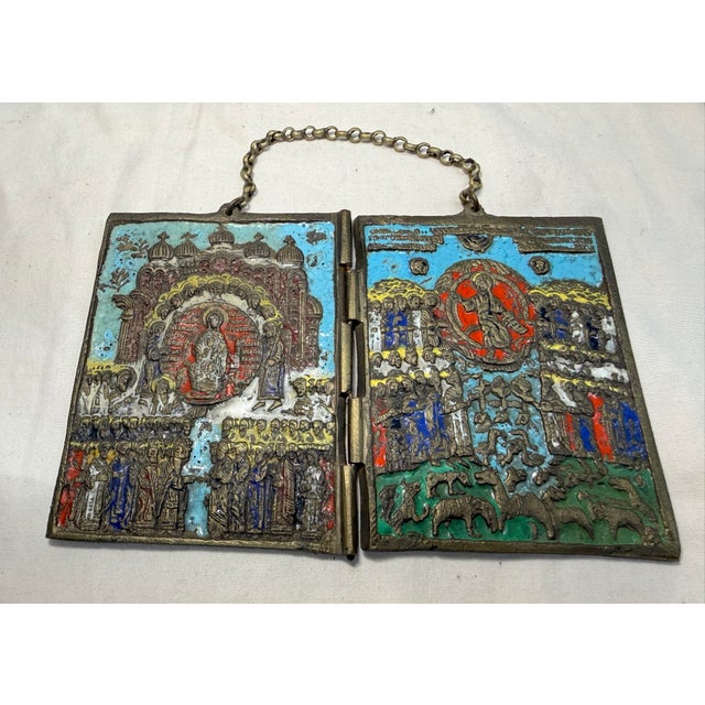 Up for sale is a rare antique 19th-century Russian Orthodox enameled bronze folding travel icon, also known as a skladen....