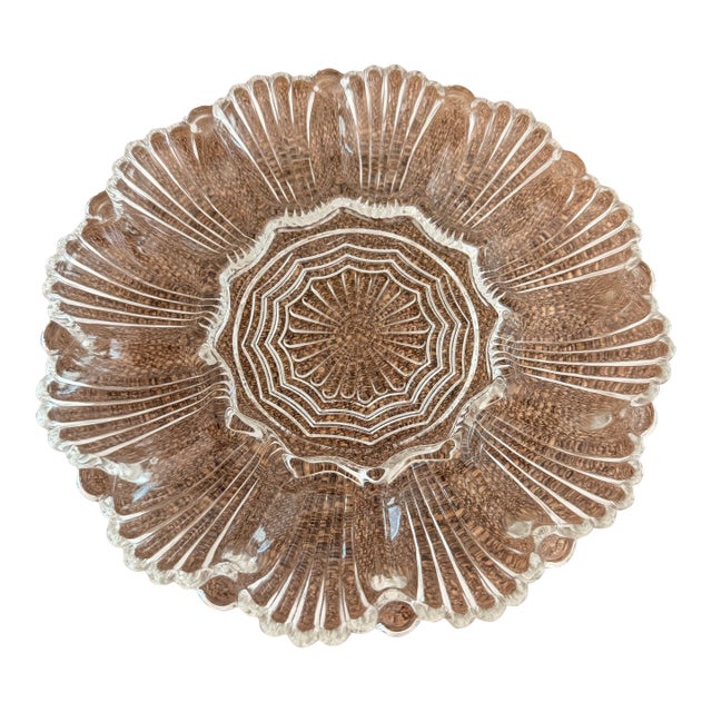 Vintage Clear Pressed Glass Oyster Plate / Shell Form Seafood Server For Sale
