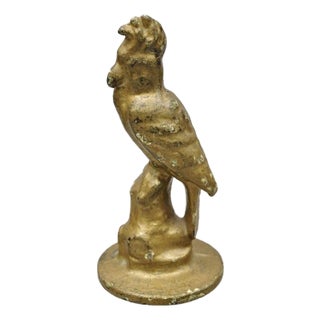 Antique Art Deco Cast Iron Gold Painted 7" Cockatoo Parrot Figurine Doorstop For Sale