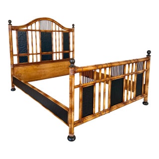 Coastal British Colonial Rattan Black Lacquer Queen Bed by Baker Milling Road For Sale