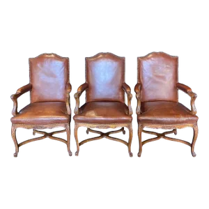 Carved Wood and Leather Bergere Arm Chairs -Set of 3