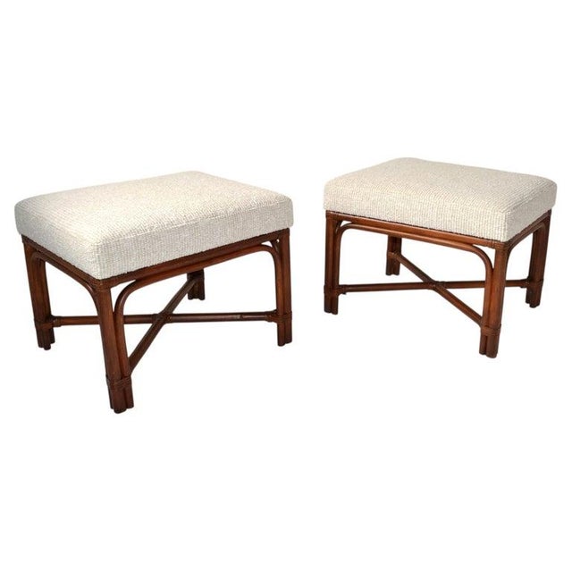 Fully Restored McGuire Furniture Attributed Pair of rectangle upholstered Ottomans, known for blending natural materials...