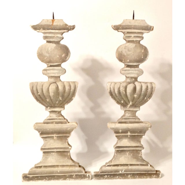 Gray Italian Trompe L’oeil Pricket Candlesticks 29" Height, a Pair For Sale - Image 8 of 8