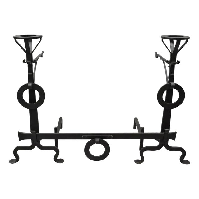 Antique Mission Arts & Crafts Wrought Iron Fireplace Andirons & Fender - 3 Piece Set For Sale