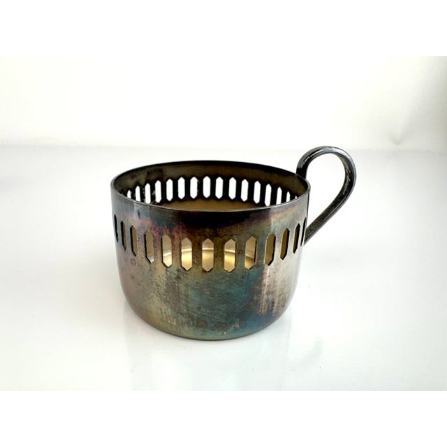1960s Vintage Silverplate & Porcelain Demitasse Set, Pierced Metal Holders, Modernist Espresso Service for Six For Sale - Image 5 of 10