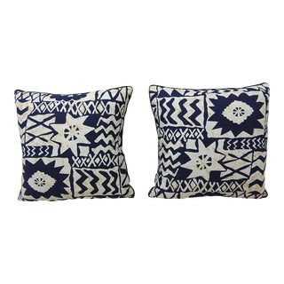 Blue and White African Bark Cloth Square Decorative Pillows - A Pair For Sale