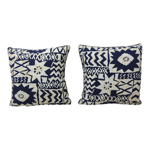 Blue and White African Bark Cloth Square Decorative Pillows - A Pair