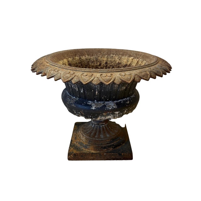 Metal Antique Cast Iron Garden Urn For Sale - Image 7 of 9
