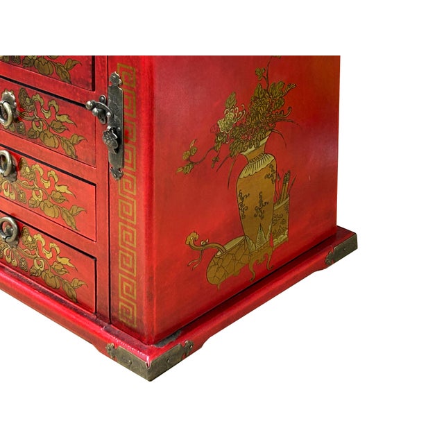 Chinese Oriental Red Flower Birds Mirror Rectangular Jewelry Box For Sale - Image 9 of 14