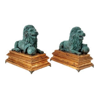 Lion Sculptures Verdigris & Gold Leaf For Sale