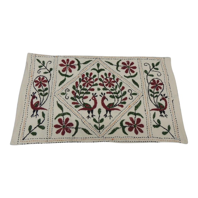 Red and Green Indian Embroidered Bolster Pillow 15 X 24 For Sale