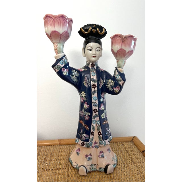 Chinese Export Famille Rose Figural Candlestick Lotus Candle Holder For Sale - Image 4 of 11
