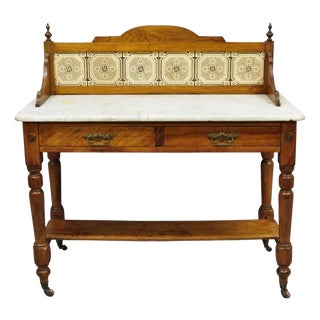 Antique Victorian Walnut Marble Top Washstand Good Luck Swastika Tile Backsplash For Sale