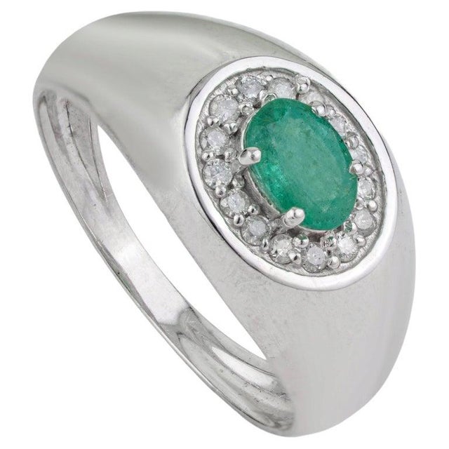 Emerald Emerald & Diamond Halo Statement Cocktail Ring in Sterling Silver, Size 7 For Sale - Image 8 of 12