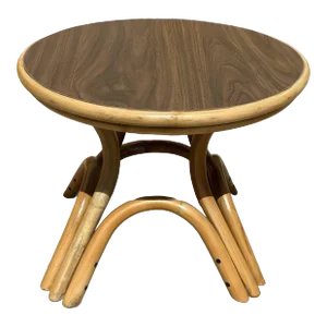 1950s Restored Round Rattan Coffee Table W/ Arched Base