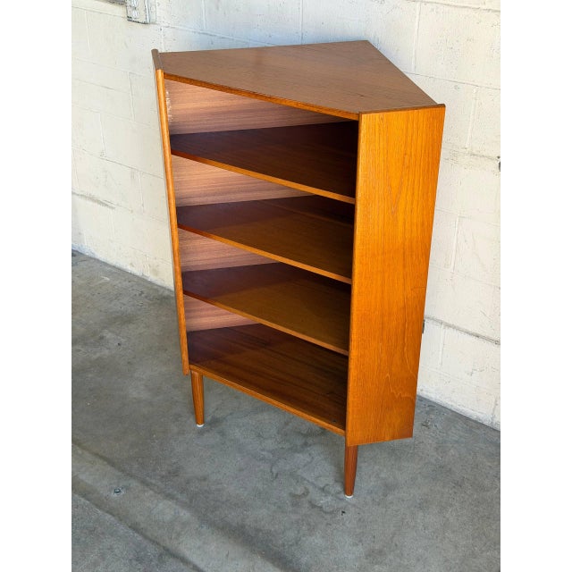 Vintage Teak Corner Cabinet With 3 Open Shelves and Tapered Legs Denmark 1960s For Sale - Image 4 of 11