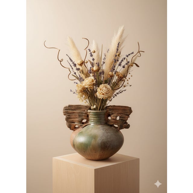Material: Fired clay (terracotta), Style: Abstract art, aqua green, gray, brown/terracotta glaze. Finish: Partially glazed...