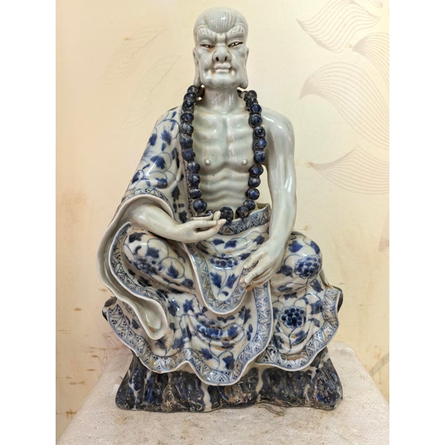 Chinese Vintage Ceramic Buddhist Sculpture,Hand Carved Blue and White Porcelain the Eighteen Arhats Statue For Sale - Image 4 of 8