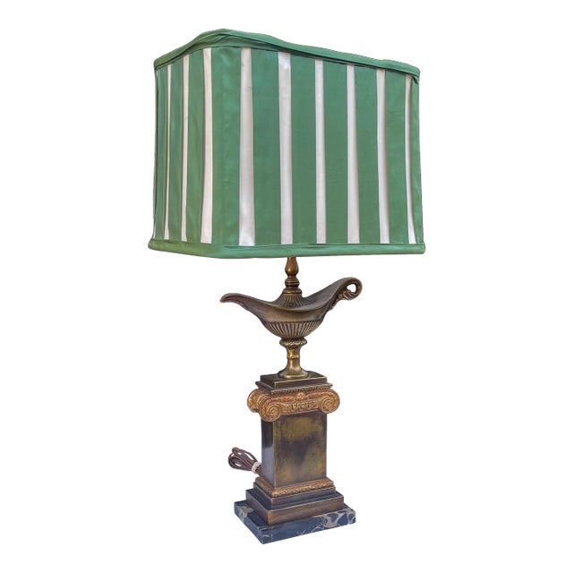 Neo-Classical Style Bronze & Marble Urn Form Lamp W/ Green Pleated Silk Shade by Frederick Cooper For Sale
