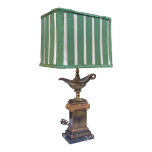 Neo-Classical Style Bronze & Marble Urn Form Lamp W/ Green Pleated Silk Shade by Frederick Cooper