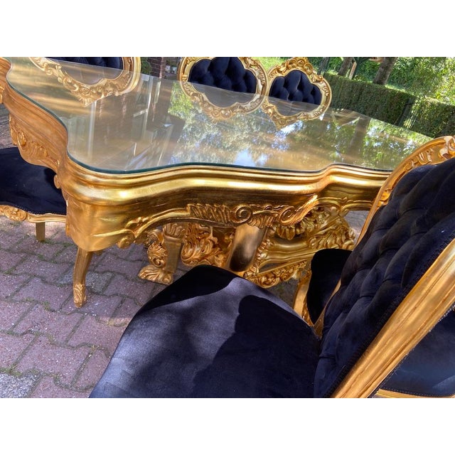 1980s 1980 Italian Baroque Gold Beech Black Velvet Dining Set - 7 PCS For Sale - Image 5 of 17