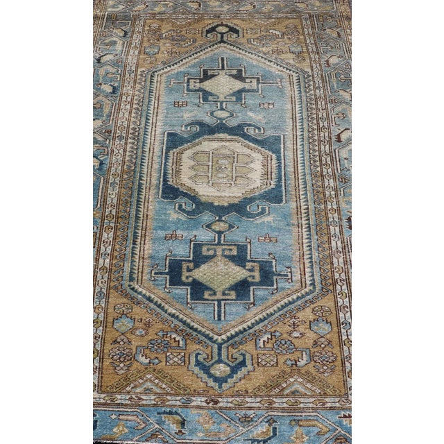 Persian Antique Malayer Rug With Geometric Design in Blue's & Brown's For Sale - Image 4 of 12