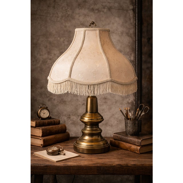 This elegant three-arm brass table lamp is a timeless example of mid-century traditional design, blending Hollywood...