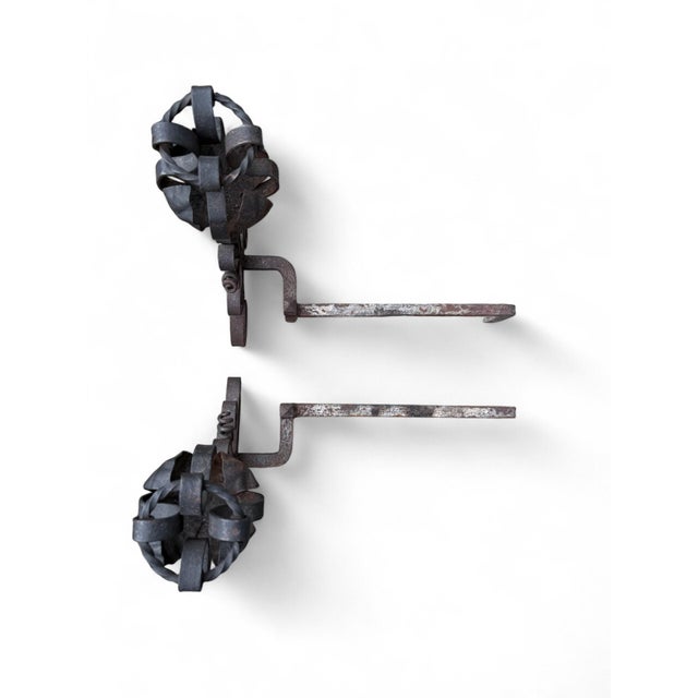 Late 19th Century Arts & Crafts Wrought Iron Pair Andirons Basket Top, Scrollwork, Spiral and Twisted Accents For Sale - Image 9 of 18