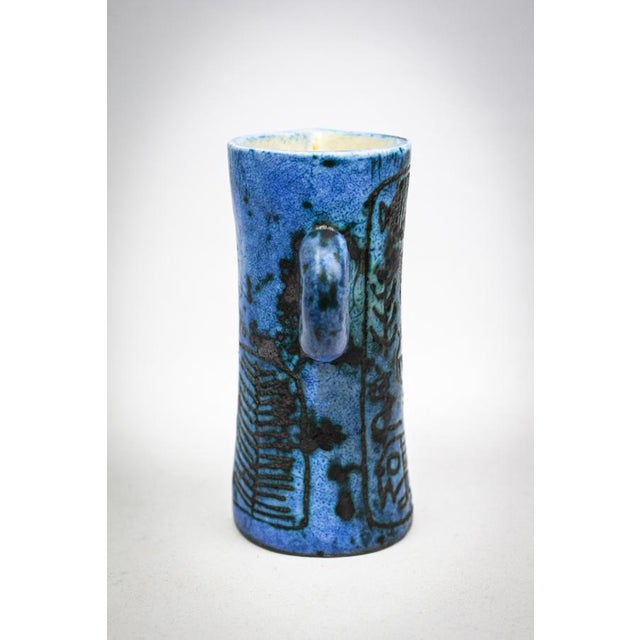 Jacques Blin Small Mid-Century French Blue Ceramic Ewer with Engraved Decoration of Stylized Owls and Fish by Jacques Blin, 1950s For Sale - Image 4 of 15