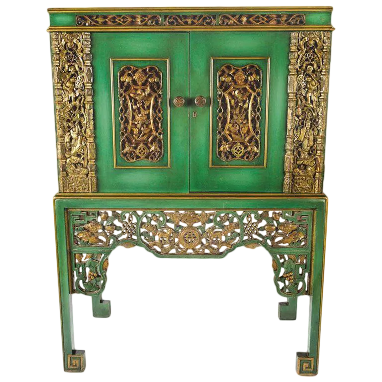 Emerald Green Chinese Cabinet Inset With Gilt Vintage Panels