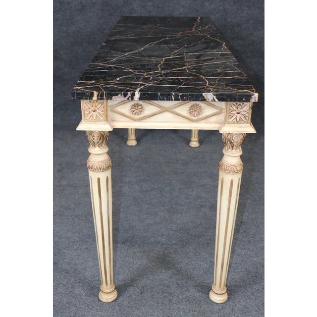Louis XVI Style Distressed Painted and Gilt Marble Top Console Table For Sale In Philadelphia - Image 6 of 13