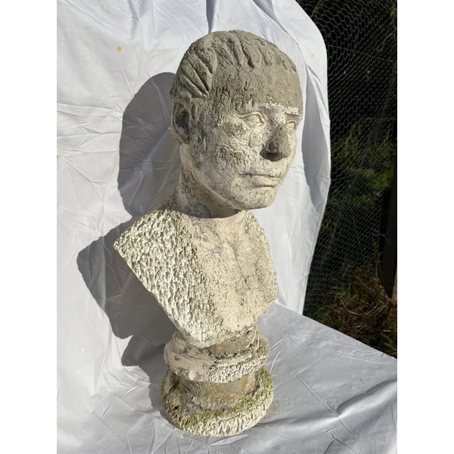 A single life size plaster bust sculpture of a male. Finished on a circular base measuring 8.5” in diameter.