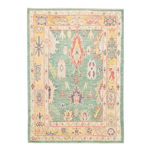 Early 21st Century Green Multicolor Handwoven Wool Turkish Oushak Rug 5'5' X 7'7" For Sale