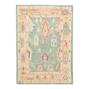 Early 21st Century Green Multicolor Handwoven Wool Turkish Oushak Rug 5'5' X 7'7"