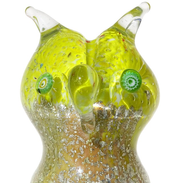 Cute and unusual, vintage Murano hand blown yellow, caramel and silver flecks Italian art glass abstract owl bird...