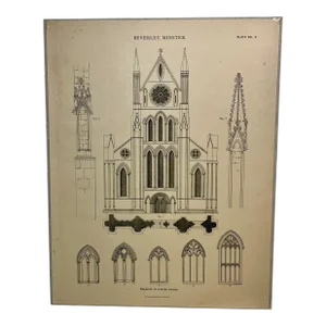 Antique Architectural Print of the Gothic Beverley Minster Church in England - Circa 1880