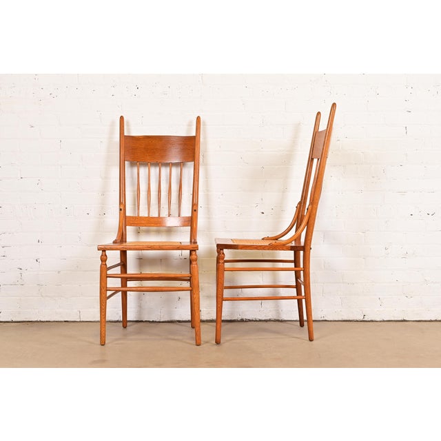Limbert Style Antique Arts & Crafts Carved Oak Cane Seat Spindle Back Side Chairs or Dining Chairs, Pair For Sale - Image 9 of 11