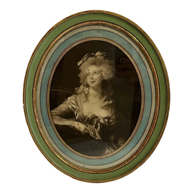 Antique French Femme Fatale Engraving, Original Green & Blue Patina Frame Circa 1930 For Sale
