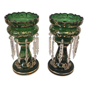 Pair of Bohemian Emerald Green Glass Lusters With Gilt Decoration and Crystal Prisms