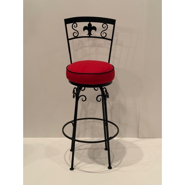 Hand Wrought Iron Fleur Di Lis Motif Bar Stools For Sale - Image 10 of 11