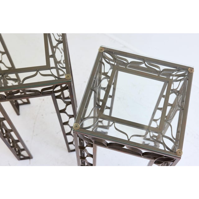 Pair of Pedestal Tables With Metalwork Frames and Glass Tops, Indoor/Outdoor For Sale - Image 10 of 15