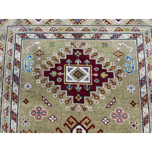 Golden Beige Kazak Tribal Wool Rug With Three Medallions, 4'2" X 5'9" For Sale - Image 9 of 14