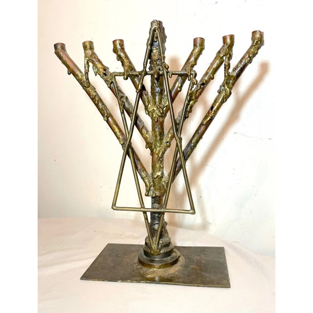 Copper Share Vintage Handmade Brass Copper Signed Brutalist Jewish Judaica Menorah Candelabra For Sale - Image 8 of 16