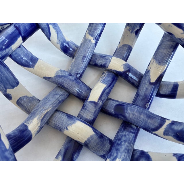 Ceramic Vintage Blue White Ceramic Pottery Basket Weave Bowl For Sale - Image 7 of 9