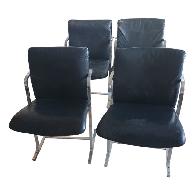 Chairs in Steel and Black Leather, 1970s, Set of 4 For Sale