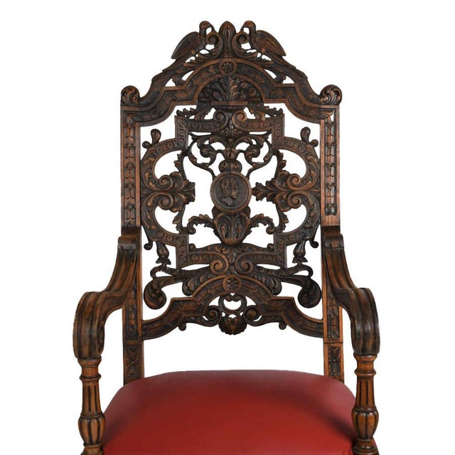 Antique Italian Carved Walnut Figural Throne Chair With Red Leather Seat For Sale In Greensboro - Image 6 of 8