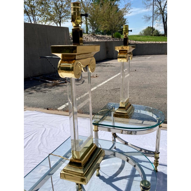 Lucite & Brass Ionic Column Table Lamps - a Pair For Sale - Image 11 of 13