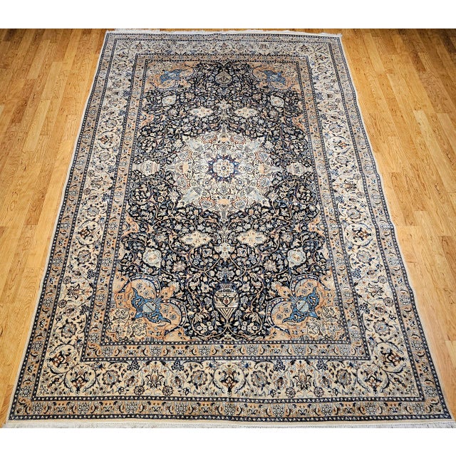 Vintage Persian Nain Area Rug, Hand-Knotted Wool & Silk, Floral Pattern, 9x13, Navy & Ivory For Sale - Image 10 of 18