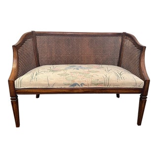 Vintage Cane Settee With Crane Tapestry Seat For Sale